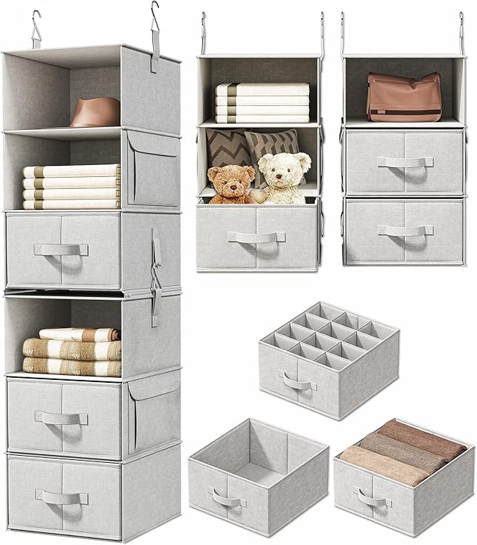 Vailando 6-Shelf Hanging Closet Organizer with 3 Drawers, 2 Separable 3-Shelf Closet Organizers and Storage for Wardrobe Orga