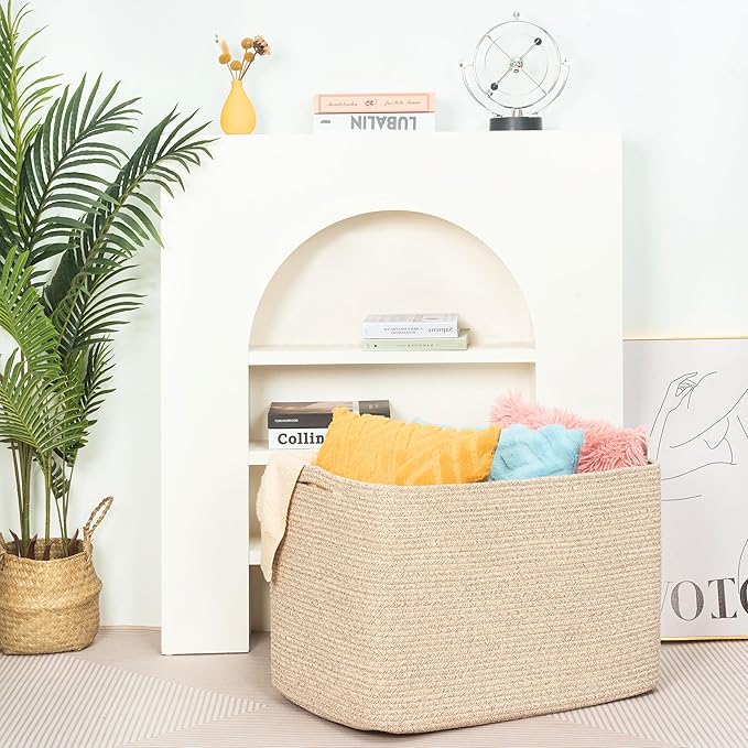 MINTWOOD Design 112L Extra Large Blanket Basket Holder Living Room, 25"x17"x16" Rectangle Rope Woven Storage Basket with Hand