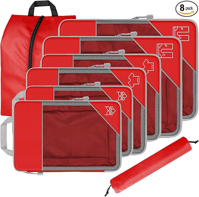 8 Set Compression Packing Cubes for Travel, Expandable Luggage Organizer with Shoe Bag & Laundry Bag - Lightweight Suitcase &