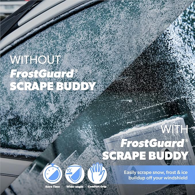 FrostGuard Scrape Buddy Car Ice Scraper Scrape with a Smile - Quickly Remove Frost, Ice and Snow from Your Vehicle Windows and Wiper Blades - Acrylic with Comfort Neoprene Sleeve - Clear Frost