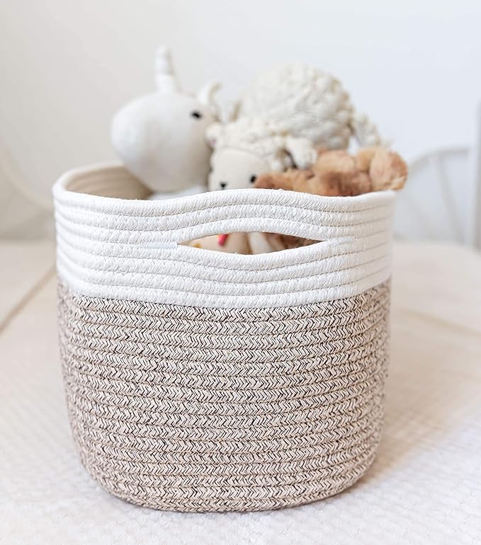 OrganiHaus Rope Baskets for Shelves - Set of 3 Woven Storage Baskets for Organizing, Closet & Toy Storage - Brown/Off-White -