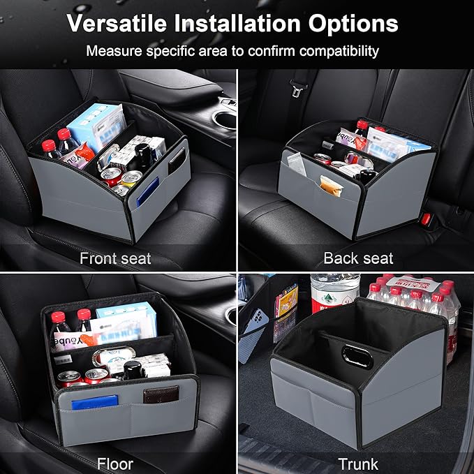 Car Storage Organizer [2025 UPDATED] Leather Car Caddy Basket for Front Seat Floor Back Seats Metal Handle 6 Compartments Adj