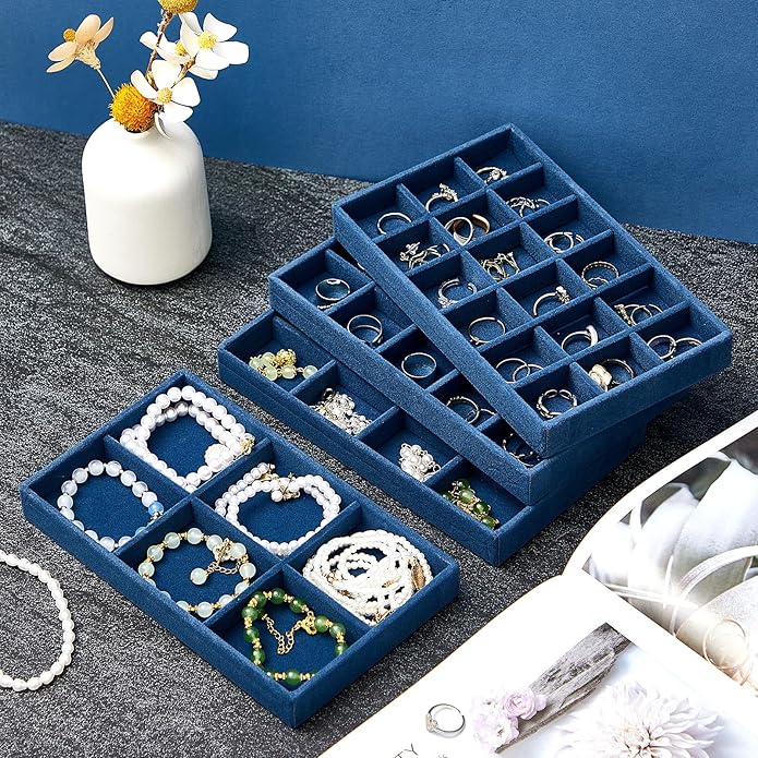 Junkin 12 Pcs Jewelry Tray Velvet Stackable Jewelry Organizer Trays Divided Earring Accessories Storage Containers Box (Rose 