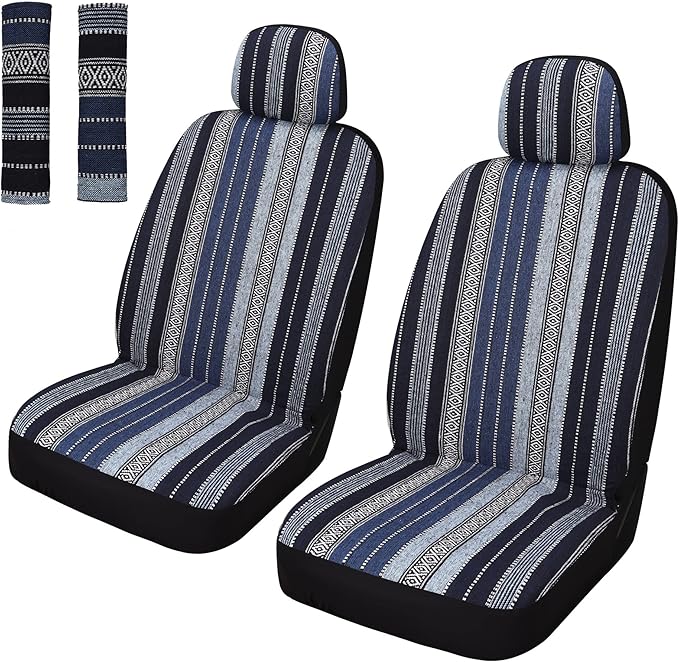 Pariitadin Baja Saddle Blanket Car Seat Covers Front Set with Seat Belt Pads, Washable Breathable Striped Woven Cloth Seat Co