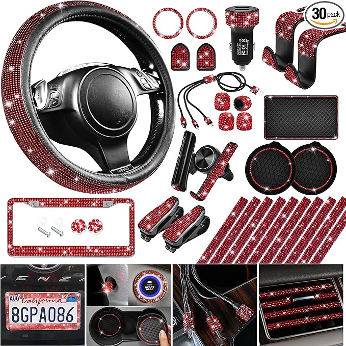 CAR PASS 30 PCS Bling Diamond Car Accessories Set for Women, Bling Steering Wheel Covers 15 Inch, Shining Rhinestone License Plate Frame, Sparkly Phone Holder, Cute Interior Set Decorations, Red