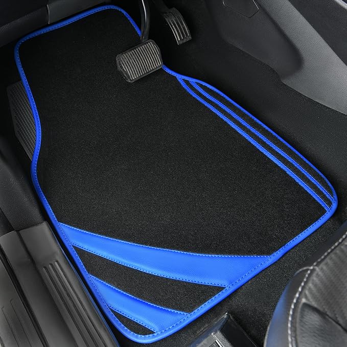 CAR PASS Faux Leather Car Mats Blue Edge Waterproof Car Floor Mats Car Carpet Mats 4 Pieces with Double Stitch Line Anti-Slip