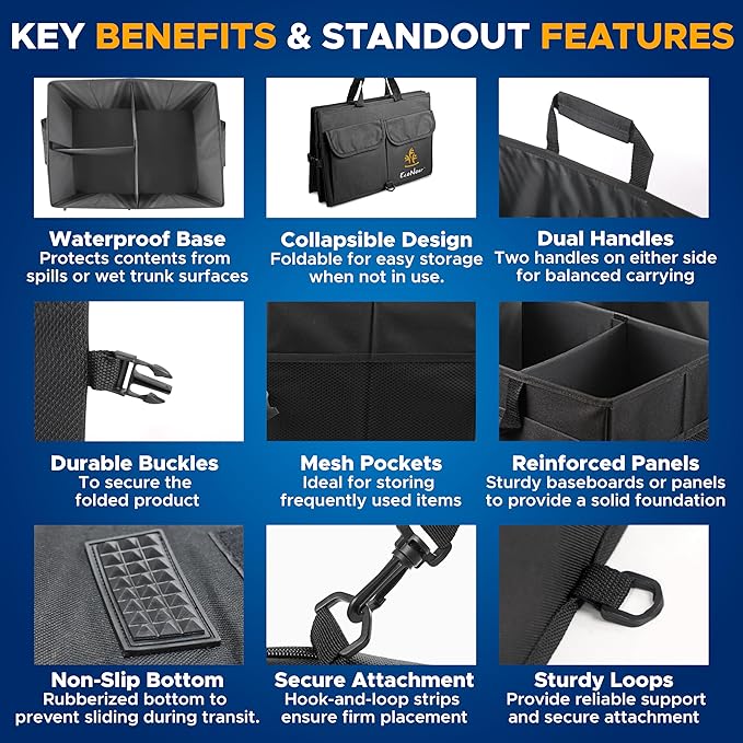 EcoNour Trunk Organizer for Car | SUV Collapsible Cargo Storage Box with Detachable Dividers, Mesh Pockets & Adjustable Straps