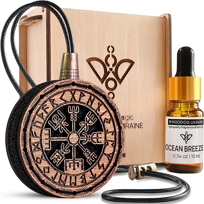 Wood Car Air Freshener — Handmade Car Air Freshener — Vegvisir Designed Fragrance Oil Diffuser in Wooden Gift Box — Aromather