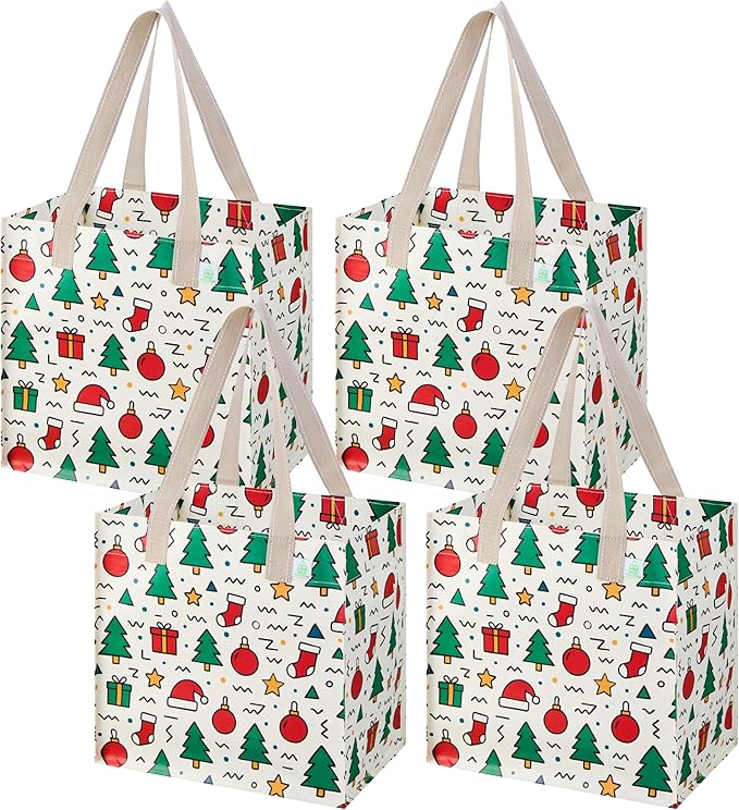 VENO 4 Pack Reusable Grocery Bags, Heavy-Duty Shopping Bags with Handles, for Shopping Cart with Hard Bottom to Stand Upright, Foldable (Jingle Mix, 4 Pack)