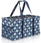 Extra Large Utility Tote Bag - Oversized Collapsible Reusable Wire Frame Rectangular Canvas Basket With Two Exterior Pockets For Beach, Pool, Laundry, Car Trunk, Storage - Navy Sunflower