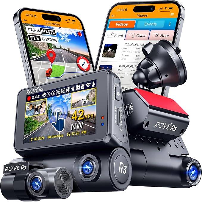 ROVE R3 Dash Cam Front and Rear with Cabin, 3” IPS Touch Screen, 3 Channel Dash Cam 1440P+1080P+1080P, IR Night Vision, 5GHz 