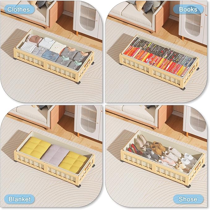 efluky 2-Pack Bamboo Under Bed Storage with Wheels, Rolling UnderBed Storage Basket with Large Dust Bag, Under Bed Storage Co