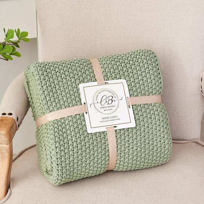 Chunky Cable Knit Throw Blanket Lightweight Light Green 100% Organic Cotton Blanket for Sofa Couch Bed Baby Nursery, Rustic S