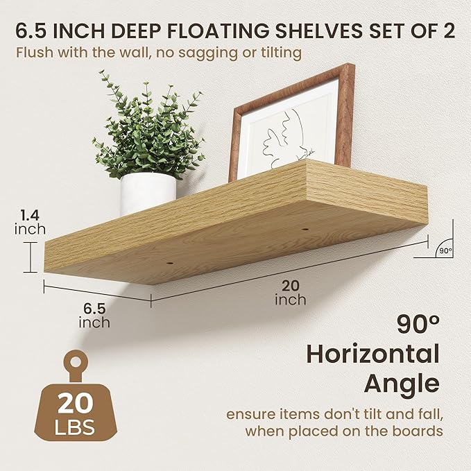 20 Inch Floating Shelves | 6.5 Inch Deep Oak Floating Shelves Set of 2 | 20" W x 6.5" D Rustic Oak Shelves with Invisible Bra