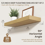 20 Inch Floating Shelves | 6.5 Inch Deep Oak Floating Shelves Set of 2 | 20" W x 6.5" D Rustic Oak Shelves with Invisible Bra
