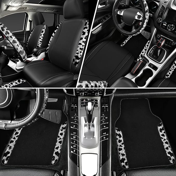 CAR PASS Leather Cow Bling Diamond Car Seat Covers Front & Rhinestone Carpet Car Floor Mats & Sparkly Steering Wheel Cover 15