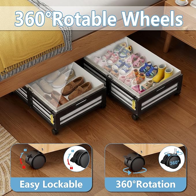 Under Bed Storage Containers with Wheels, Larger Bamboo Wood Under Furniture Storage Containers with Dust Bags，Rolling for Sh