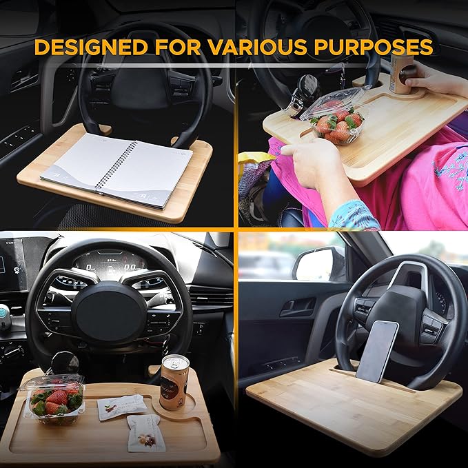 EcoNour 2 in 1 Car Steering Wheel Desk | Lap Desk for Convenient Working | Bamboo Trays for Eating | Interior Accessories for Truck Drivers | Lightweight Wooden Tray with Easy Storage