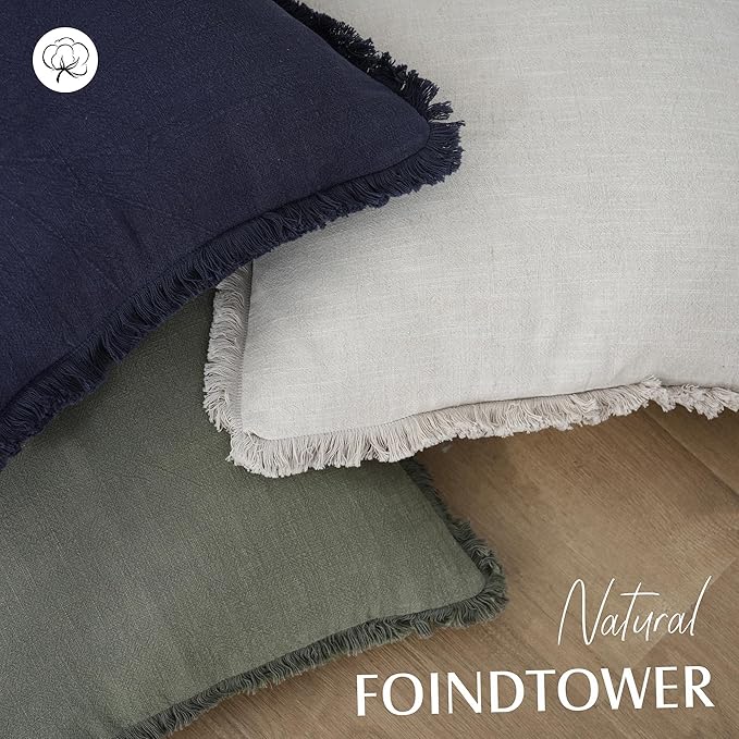 Foindtower Set of 2 Decorative Linen Fringe Throw Pillow Covers Cozy Boho Farmhouse Cushion Cover with Tassels Soft Accent Pi