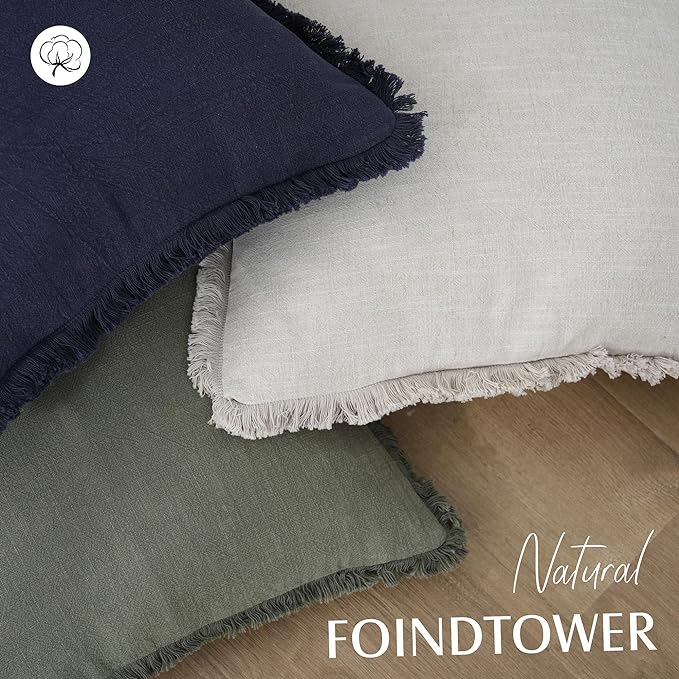 Foindtower Set of 2 Decorative Linen Fringe Throw Pillow Covers Boho Farmhouse Cushion Cover with Tassels Accent Pillowcase f