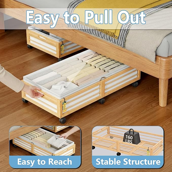 Under Bed Storage Containers with Wheels, Larger Bamboo Wood Under Furniture Storage Containers with Dust Bags，Rolling for Sh