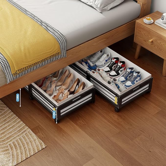 Under Bed Storage Containers with Wheels, Larger Bamboo Wood Under Furniture Storage Containers with Dust Bags，Rolling for Sh