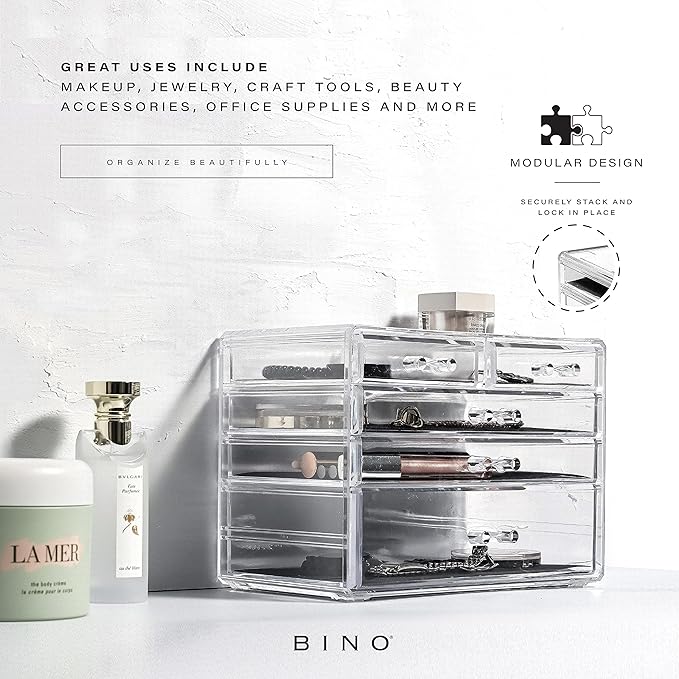 BINO THE MANHATTAN SERIES Acrylic Makeup Drawer Organizer-3 Large 2 Small Drawer | Clear Beauty Organizers and Storage| Cosme