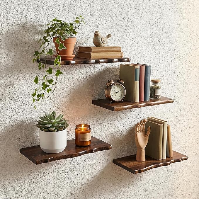 Pinkunn 4 Pcs Floating Shelves for Wall Rustic Wooden Floating Shelf Wooden Shelves for Bathroom Living Room Bedroom Kitchen 
