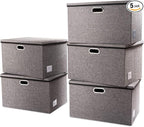 PRANDOM Extra Large Collapsible Storage Bins with Lids [5-Pack] Linen Fabric Foldable Storage Baskets Boxes Organizer Contain