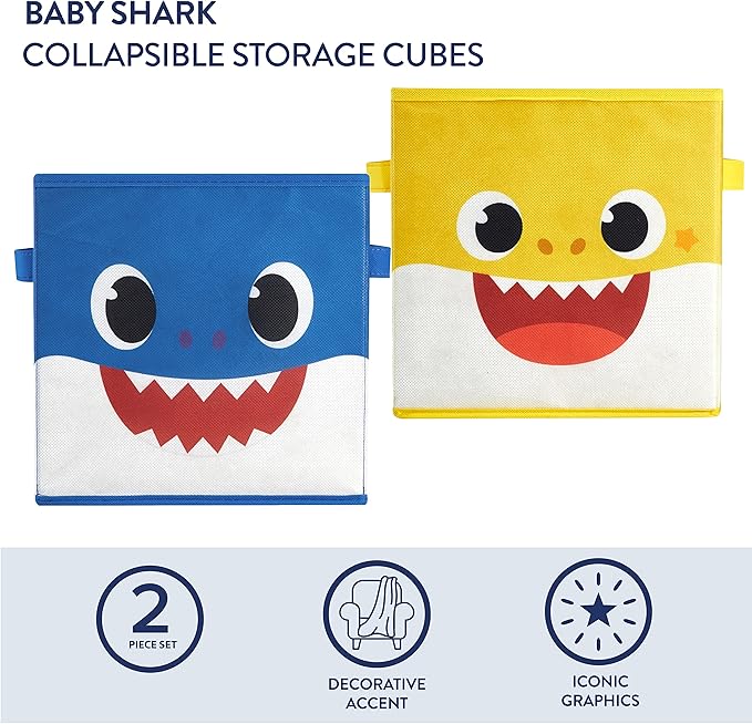 Idea Nuova Baby Shark Collapsible Storage Cubes, Set of 2, 10"x10",Baby Shark Blue/Yellow