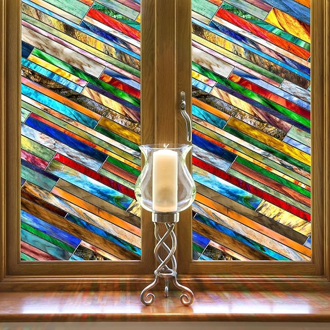 SUNBABY Stained Glass Window Privacy Film: 3D Decorative Christmas Static Clings, Vintage Windows Decals Day and Night Privacy, Home Bathroom Door Window Coverings for Winter,17.8 x 118.1 Inch