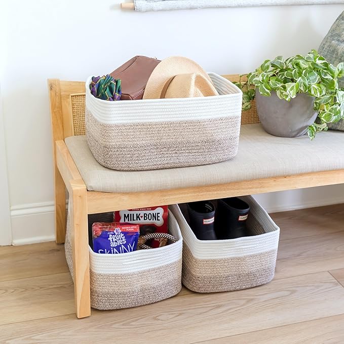 NaturalCozy Storage Baskets 16.8”x13”x7.6” Cotton Rope Woven Baskets for Organizing 3-Pack | Toy Storage Bins | Basket for Sh