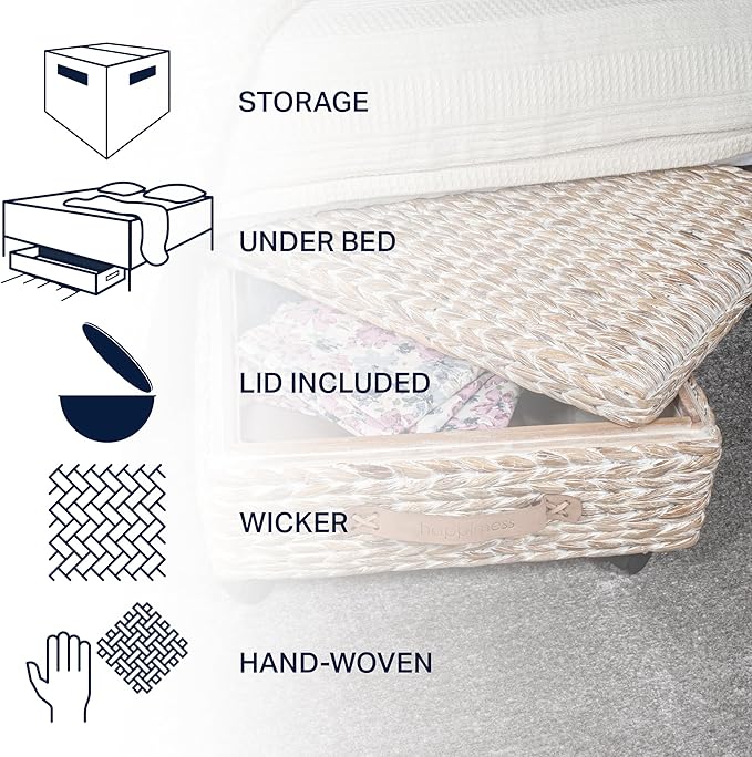 happimess BSK1006C 26.38" Chett Minimalist Hand-Woven Hyacinth/Wood Underbed Storage Bin with Wheels and Handles for Storage 
