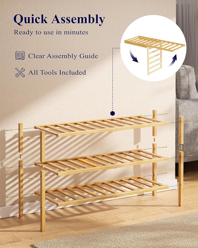 Kitsure Bamboo Wooden Shoe Rack for Closet - Stackable Shoe Organizer with Modular Structure, Space-Saving Shoe Shelf for Ent