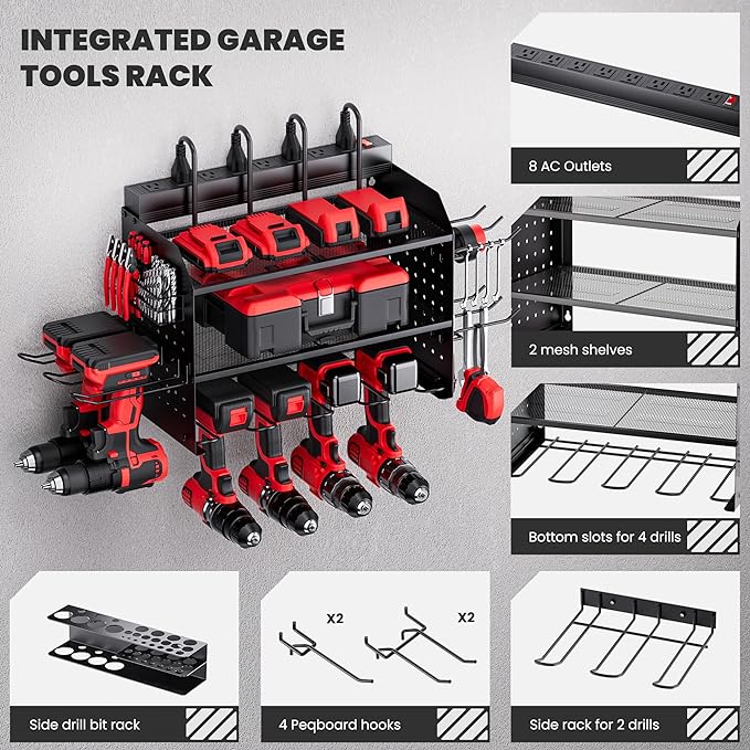 TRZZ Power Tool Organizer Wall Mount, 3-Layer Charging Station with 8 Outlets, 6 Drill Holders and Drill Bit Rack, Efficient 