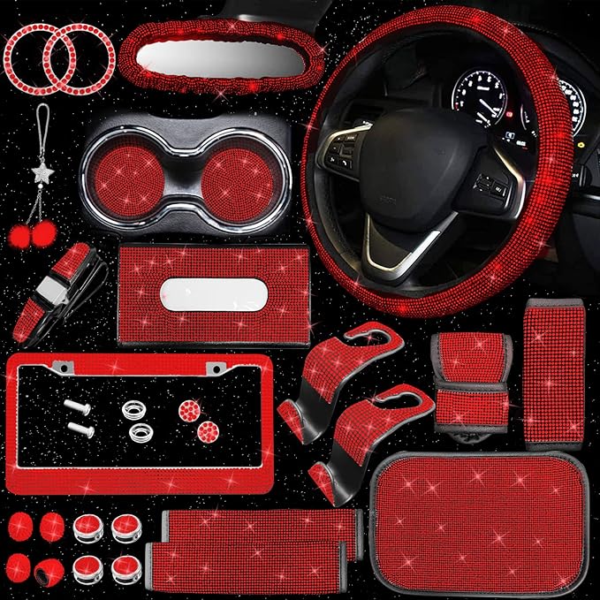 25PCS Bling Car Car Accessories Set,15 Inch Steering Wheel Cover,Shiny License Plate Frame,Center Console Cover and Rearview Mirror Set and Other Car Accessories(Red)