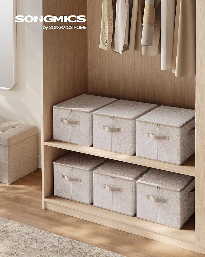 SONGMICS Foldable Storage Organizer Boxes, Set of 3 Storage Basket Bins with Lids, Handles, Clothes Organizer, 15.7 x 11.8 x 