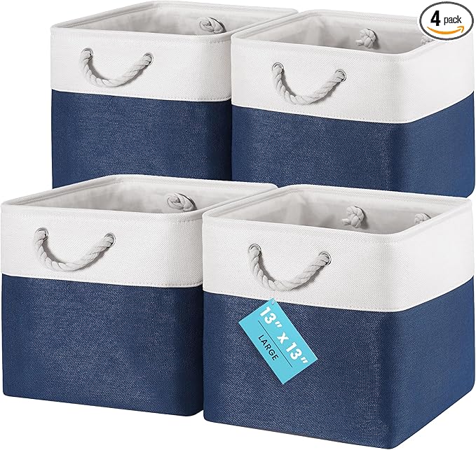 OrganiHaus 12x12 Cube Storage Bins 4 Pack, Foldable Cube Storage Organizer w/ Rope Handles, Collapsible Fabric Bins for Toys,