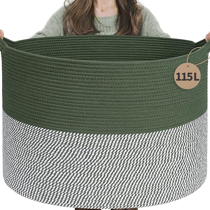 INDRESSME 115L Extra Large Cotton Rope Blanket Basket, Home Decor Laundry Storage Basket for Organizing Bedroom, Living Room,