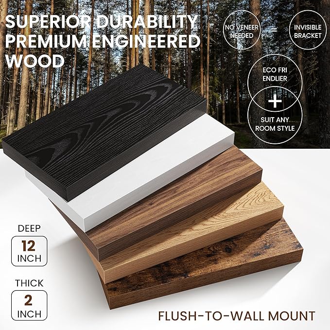 40Inch Black Floating Shelves for Wall, 12 Inch Deep Shelves for Bedroom, Kitchen, Bathroom Wall Mounted, Rustic Wood Floatin