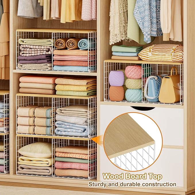 2 Pack Stackable Closet Organizers and Storage, 4 Cube Closet Shelves with Wood Top Board for Extra Clothes Storage, Small Me