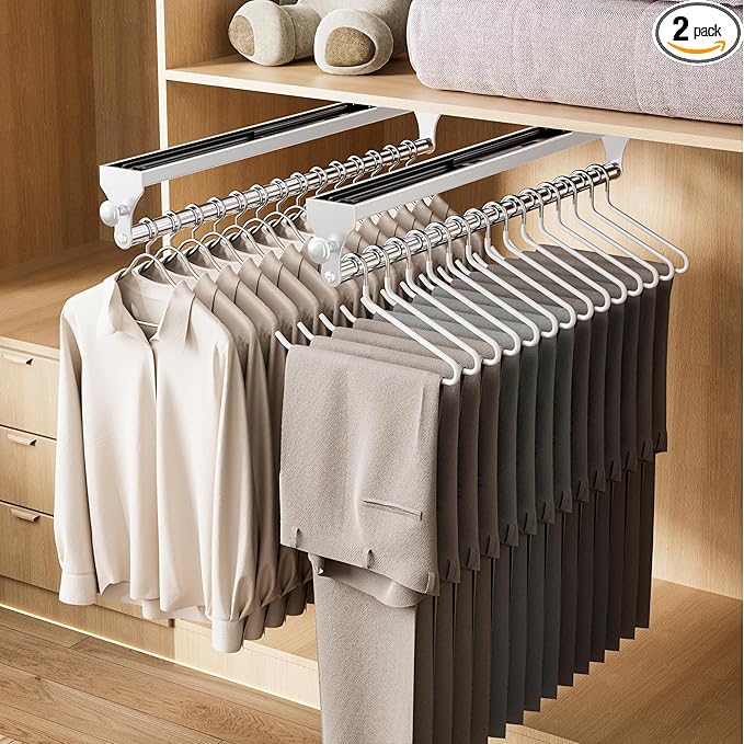 2 Pack Pull Out Closet Valet Rod, Heavy Duty Adjustable Closet Rod, 13.7inch Telescopic Pant Rack, Space Aluminum Clothes Han