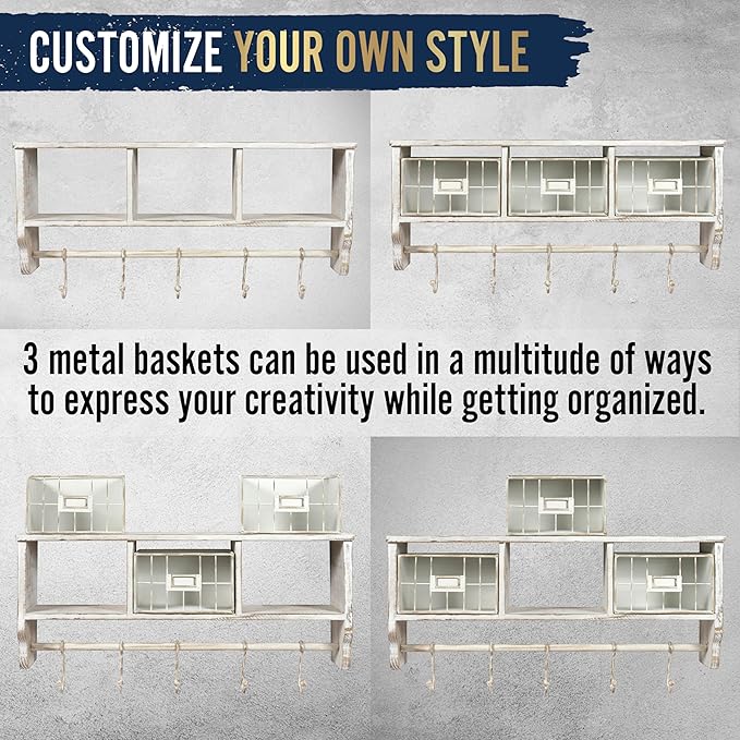 BizChair Wall Mounted Storage Rack - Whitewashed Solid Pine Wood - 24 Inch - Upper Shelf - 5 Hooks - Wire Baskets - For Entry