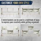 BizChair Wall Mounted Storage Rack - Whitewashed Solid Pine Wood - 24 Inch - Upper Shelf - 5 Hooks - Wire Baskets - For Entry