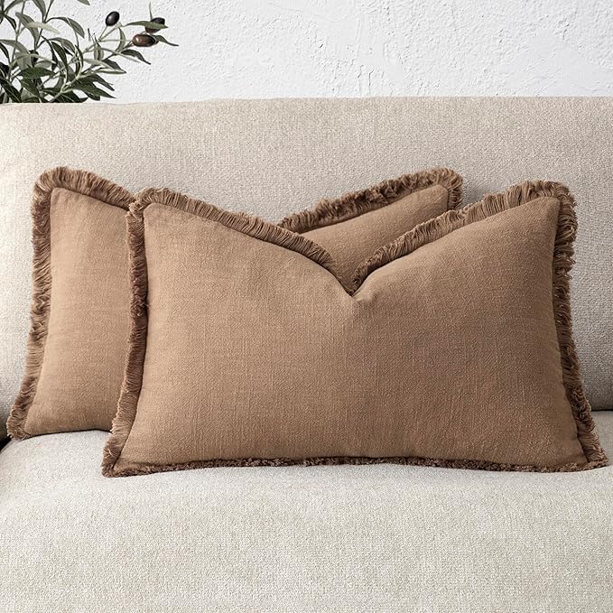 Foindtower Set of 2 Decorative Linen Fringe Lumbar Throw Pillow Covers Boho Farmhouse Cushion Cover with Tassels Soft Accent 