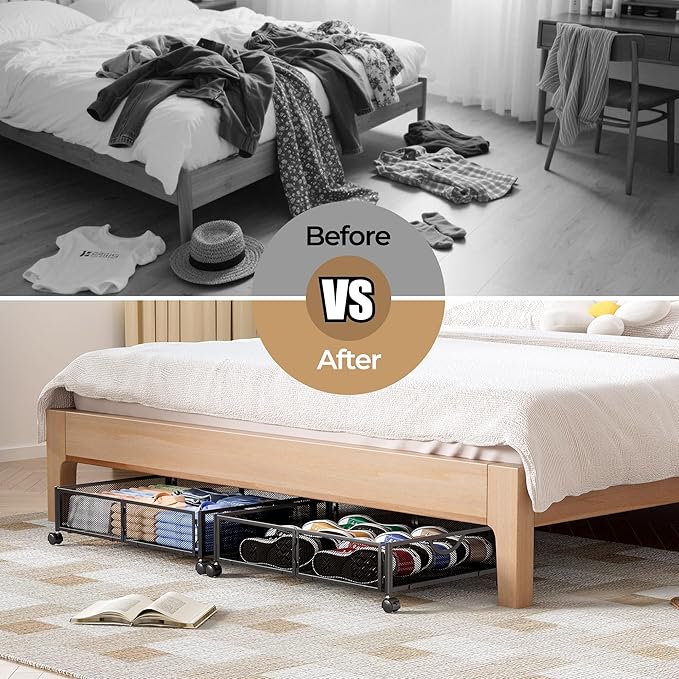 Yecaye Under Bed Storage with Wheels, 2 Pack Under Bed Shoe Storage Organizer Drawer, Tool-free Assembly Metal Underbed Stora