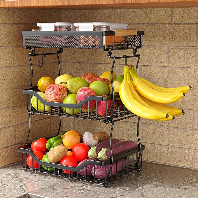 Giwil 3 Tier Countertop Fruit Mesh Basket for Kitchen, Vegetable Storage Bread Fruit Bowl Stand with 2 Banana Hooks, Wall Mou