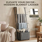 2-in-1 Leaning Blanket Ladder with Storage Basket, Matte Black Metal Towel Rack Stand, Drill-Free Space Saving Organizer for 