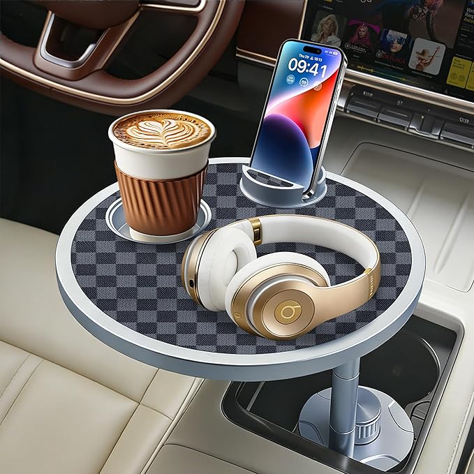 Car Food Tray & Car Table Tray with Car-Grade Aluminum Cup Holder & Phone Stand, Premium Wood with Leather Surface, 360° Rotating Car Desk for Laptop &Eating (Round, Black&Grey)