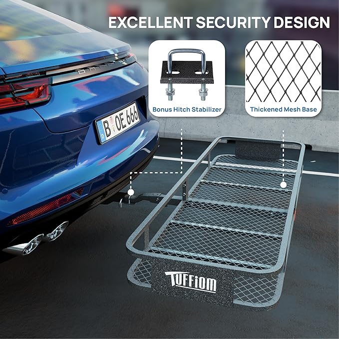 TUFFIOM 60"x20"x6" Folding Hitch Mount Cargo Carrier Basket, 500lbs Steel Car Cargo Trailer Hitch Luggage Rack with Net, Waterproof Cargo Bag, Straps & Stabilizer for SUV Car Truck Van